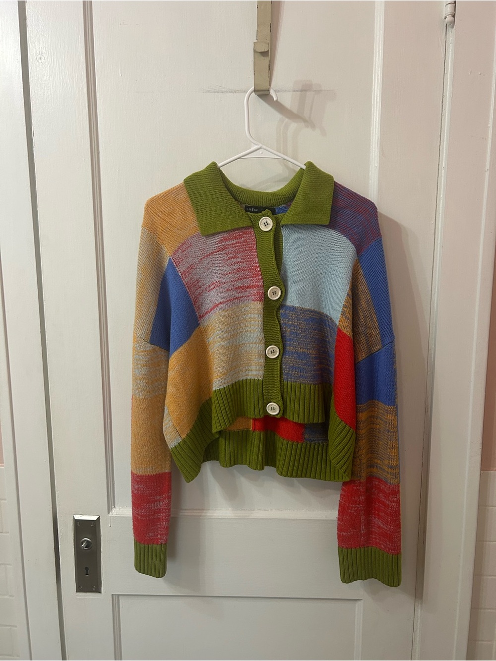 SHEIN Multicolor Patchwork Button Cardigan with Olive Trim